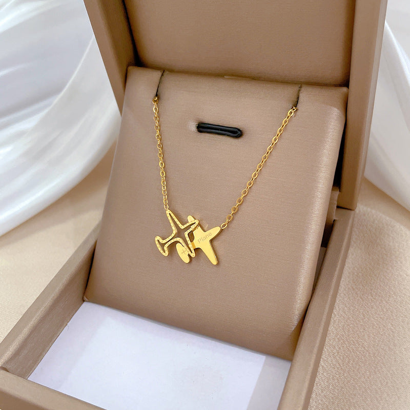 Minimalist Titanium Steel Geometric Airplane Pendant Necklace for Women and Men, Gold-Plated Clavicle Chain with Modern Office Style