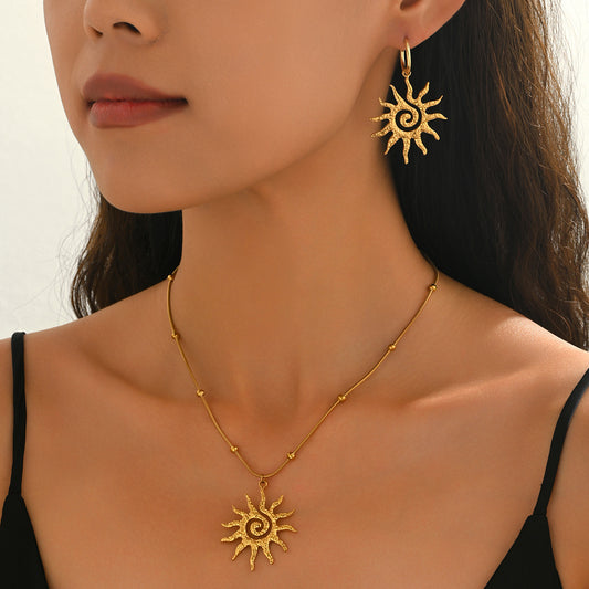 Juego de collar con colgante de girasol floral y pendientes para mujer, chapado en aleación de zinc, cadena de clavícula de moda, joyería