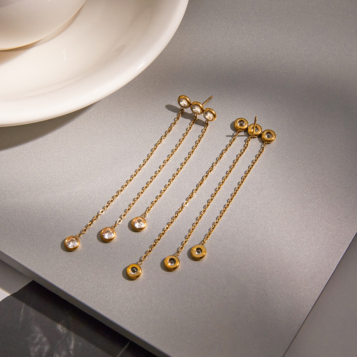 Elegant Geometric Stainless Steel Plated Cubic Zirconia Tassel Earrings for Women