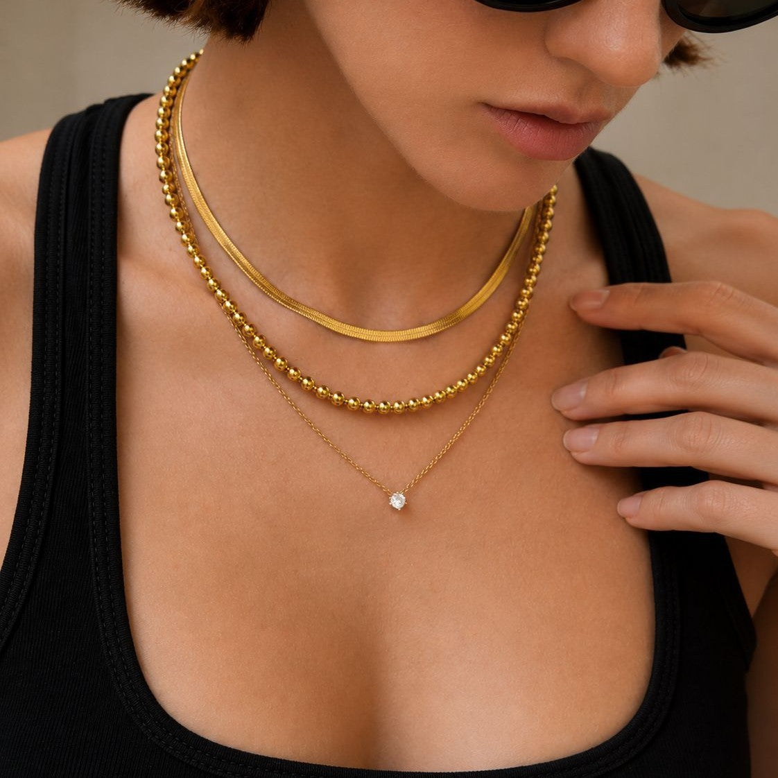 18K Gold Plated Stainless Steel Geometric Cubic Zirconia Pendant Snake Chain Necklace for Women