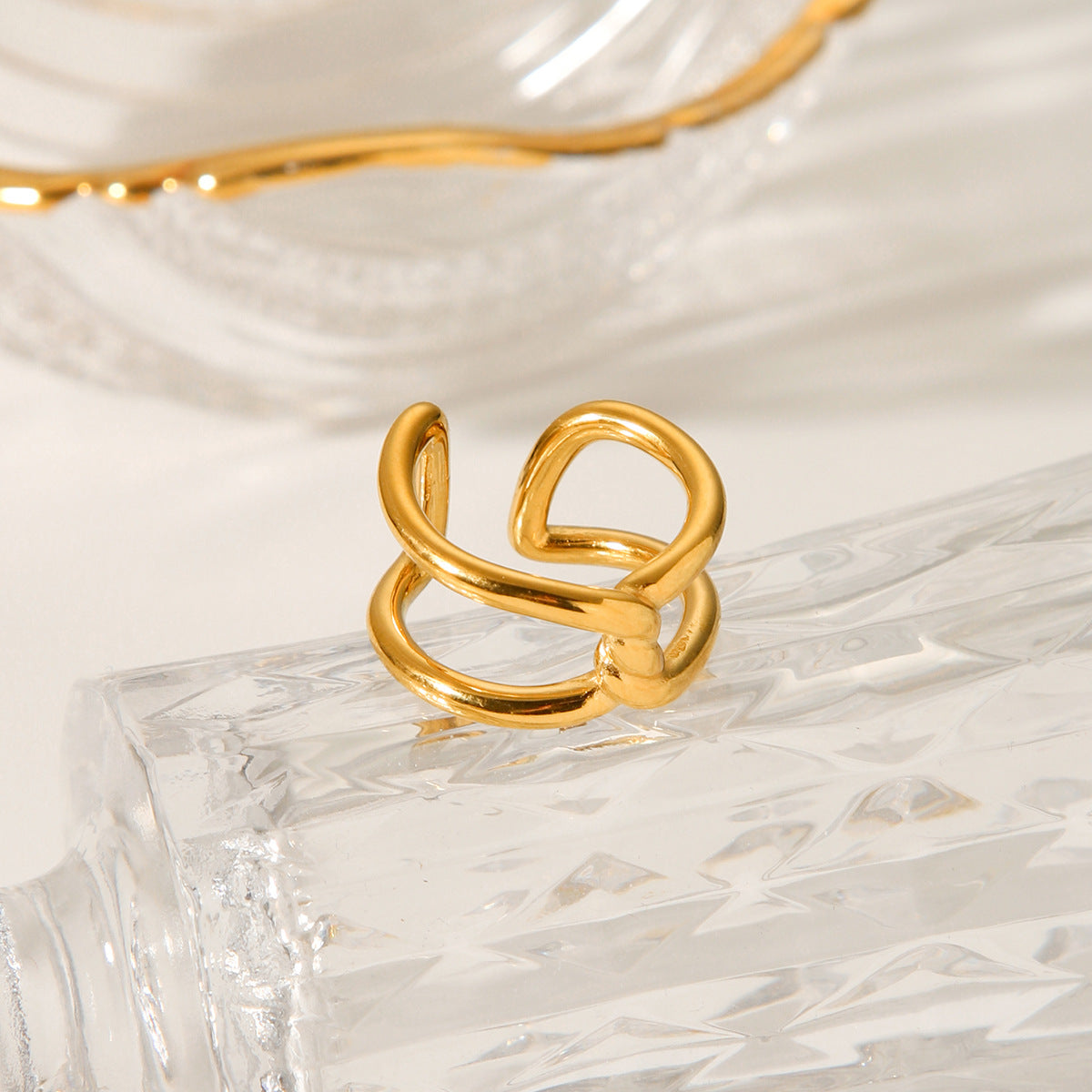 Geometric Hollow Titanium Steel Ring with Gold Plating and Knot-Cross Design for Women