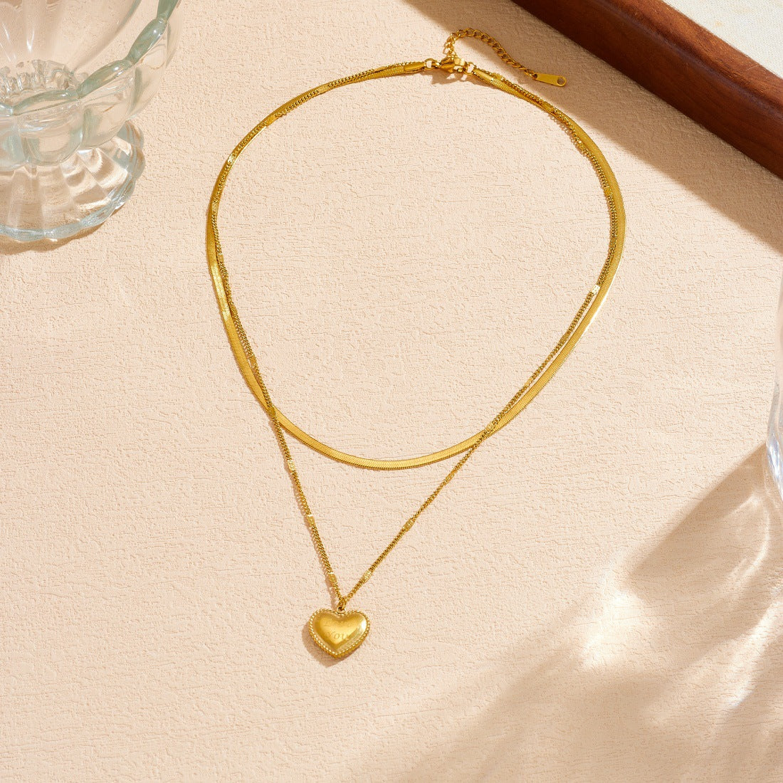 Gold Plated Stainless Steel Heart Pendant Double Layer Irregular Chain Necklace for Women