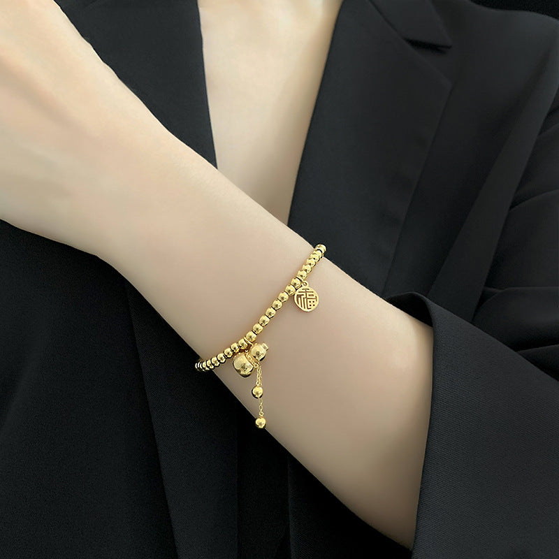 Chinese New Year Lucky Fu Character Solid Mini Gourd Bracelet for Women in Titanium Steel with 18K Gold Plating