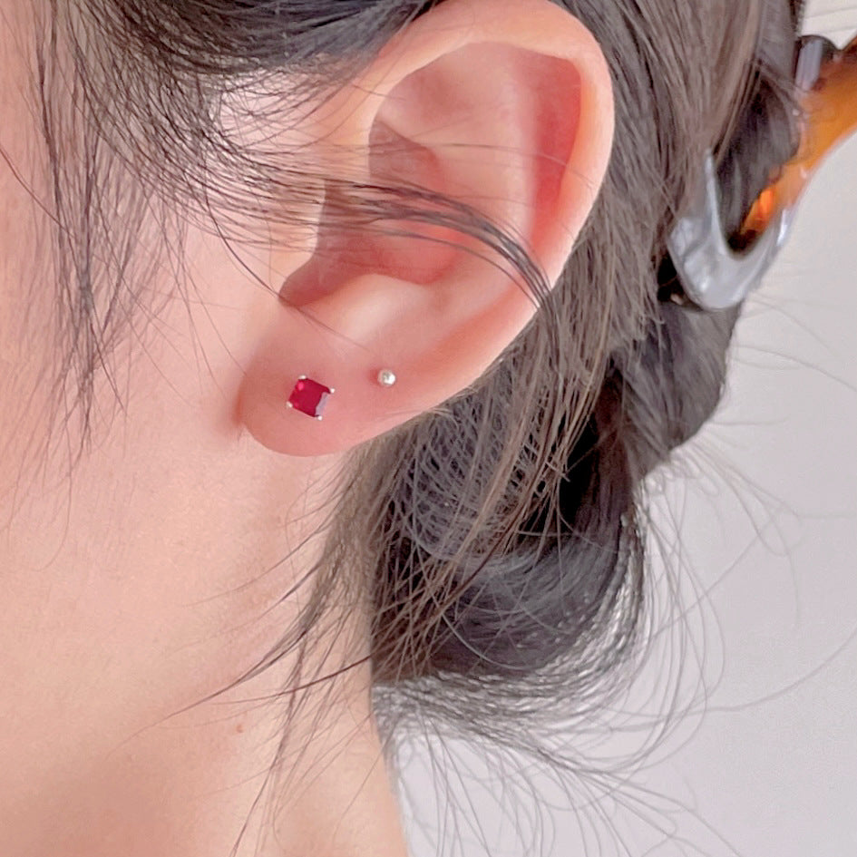 Minimalist Letter-Shaped 925 Sterling Silver Stud Earrings with Red Zircon Inlay, Polished Finish