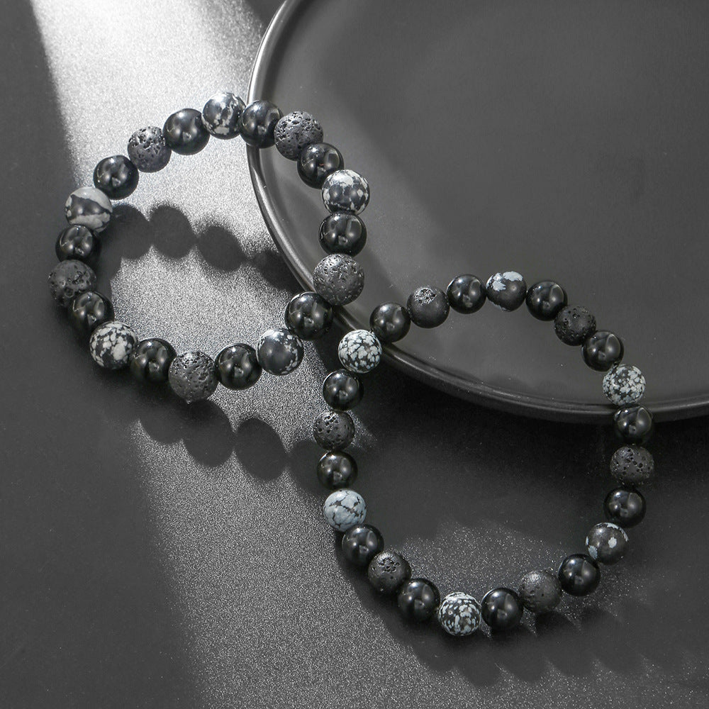 Vintage Ethnic Handmade Natural Volcanic Stone Snowflake Stone Beaded Bracelet Unisex 10mm 8mm Elastic