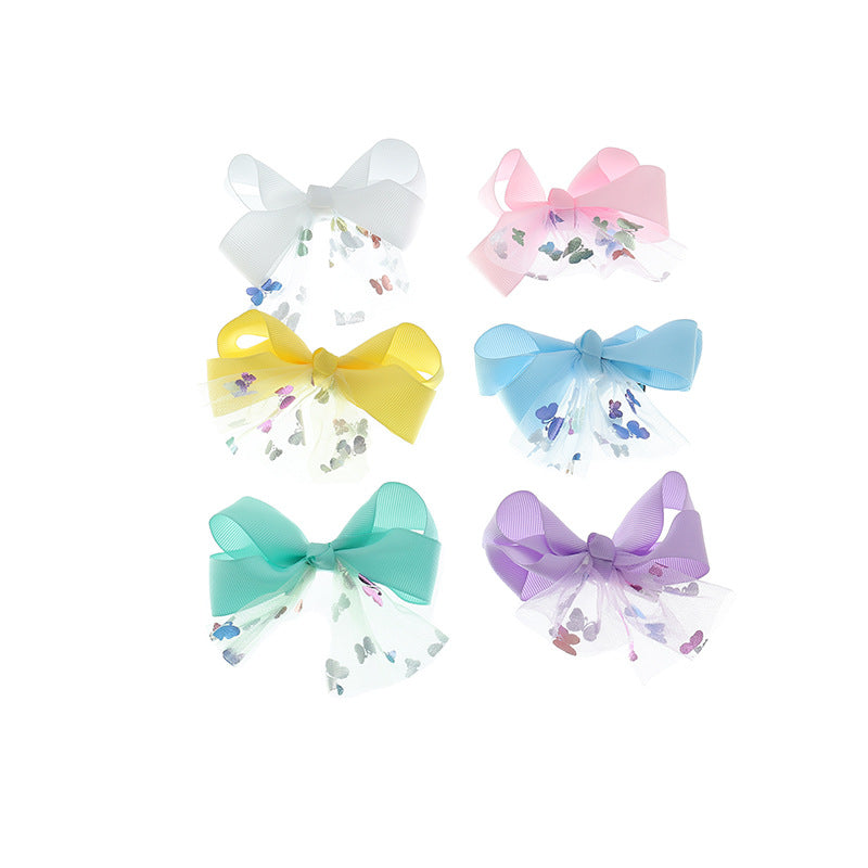 Set di fermagli per capelli con fiocco a farfalla in stile cartone animato per bambini - Accessori per capelli fatti a mano in tessuto con accenti a nastro, collezione da 6 pezzi in tinta unita