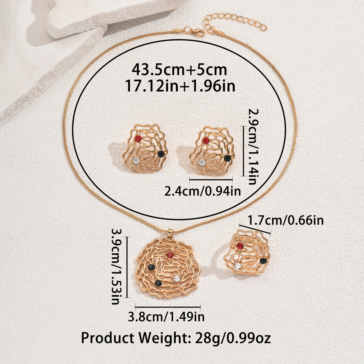 Set collana e anello da donna in rame stile geometrico con intarsio in strass e design traforato per uno styling versatile
