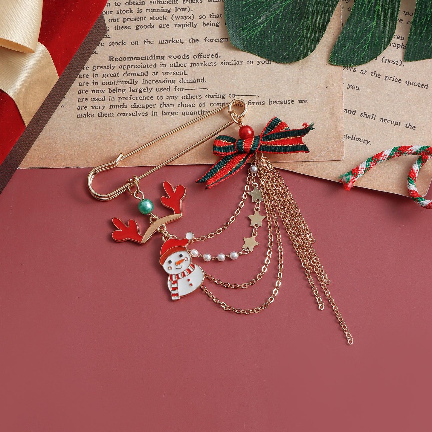 Original Design Bow-Shaped Alloy Brooch with Christmas Deer Antler and Snowman Motifs, Plated Finish, Decorative Gift Pin for Women