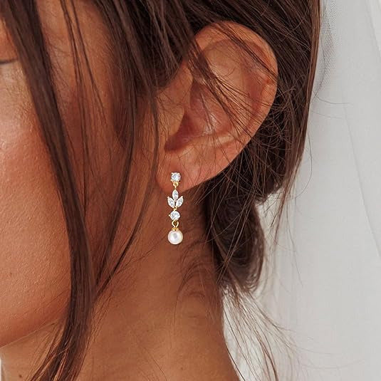 Luxury Geometric Round Brass Gold Plated Pearl Drop Earrings with Cubic Zirconia and 925 Sterling Silver Posts for Women