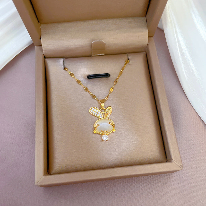 Luxury Rabbit Pendant Necklace in Titanium Steel with Micro-Pavé Zirconia and Cat's Eye Stone, Geometric Design, Gold-Plated Copper Accent, Minimalist Ins Style