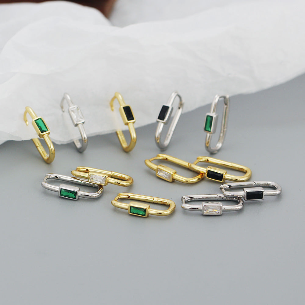 Geometric Fashion-Commuter Style S925 Sterling Silver Ear Clips with Colorful Zircon Inlay