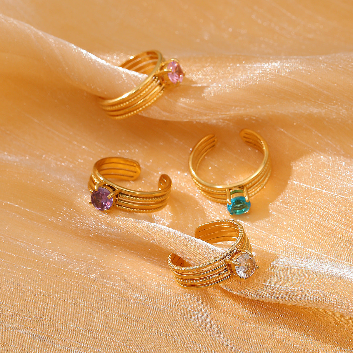 Minimalist Luxury Stainless Steel Ring with 18K Gold Plating and Colored Zirconia, Round Geometric Design for Women