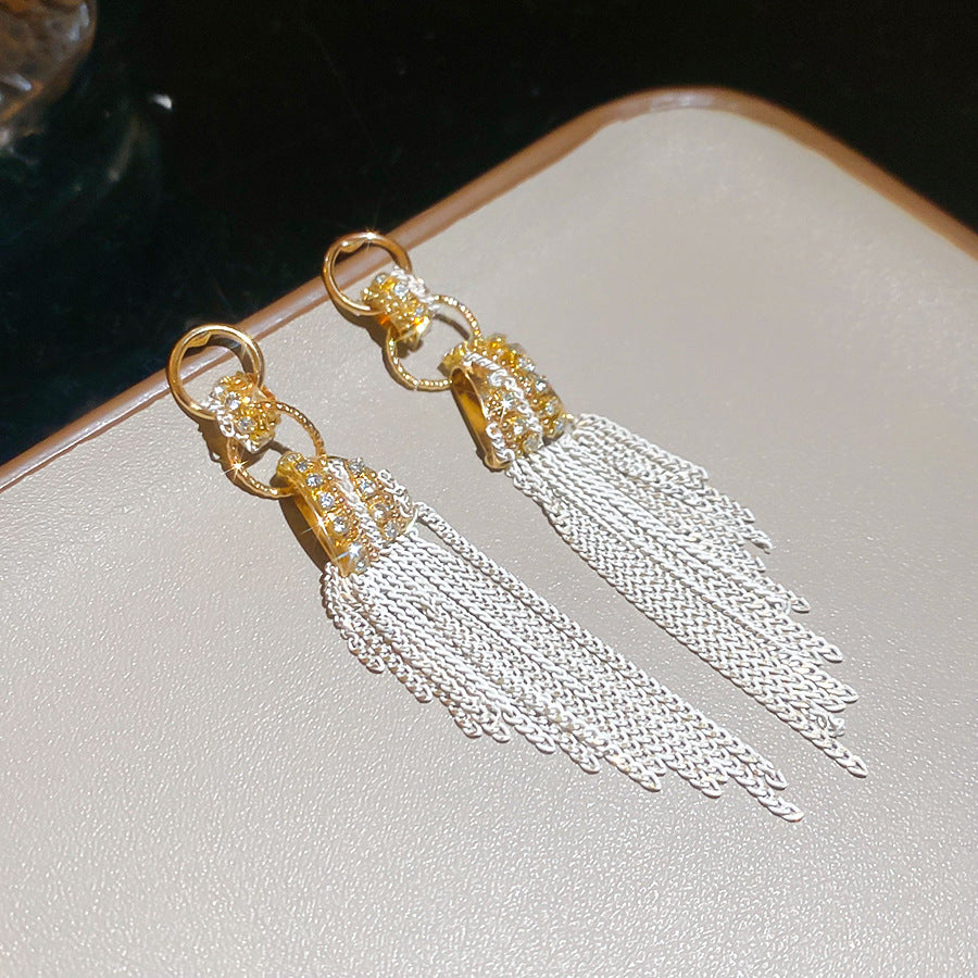 Pendientes de borla con formas geométricas con incrustaciones de diamantes de imitación en aleación y acero inoxidable para mujer, estilo de lujo minimalista y a la moda