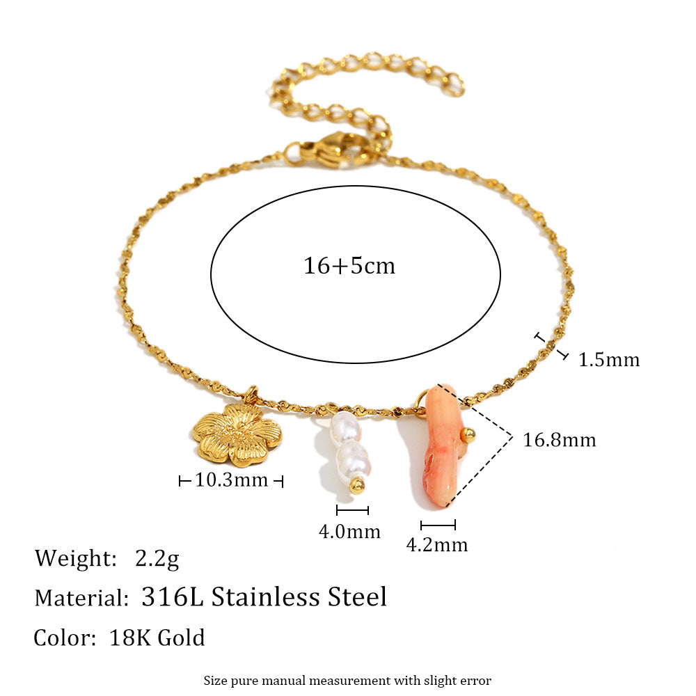 Set Collana con Ciondoli Floreali alla Moda da Donna con Catena in Acciaio Inossidabile e Ciondoli in Acciaio al Titanio Placcati Oro 18K