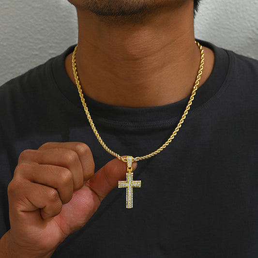 Collar con colgante de cruz estilo Hip Hop para hombre con incrustaciones de diamantes de imitación en cadena cubana de aleación en forma de diamante geométrico