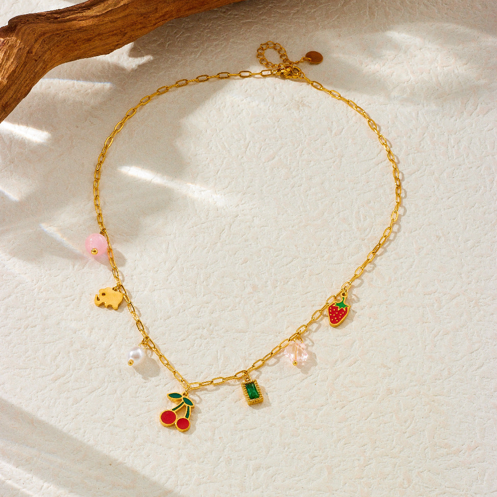 Sweet Drip Oil Stainless Steel Fruit Pendant Necklace with Pearl Cherry and Strawberry Elements for Women