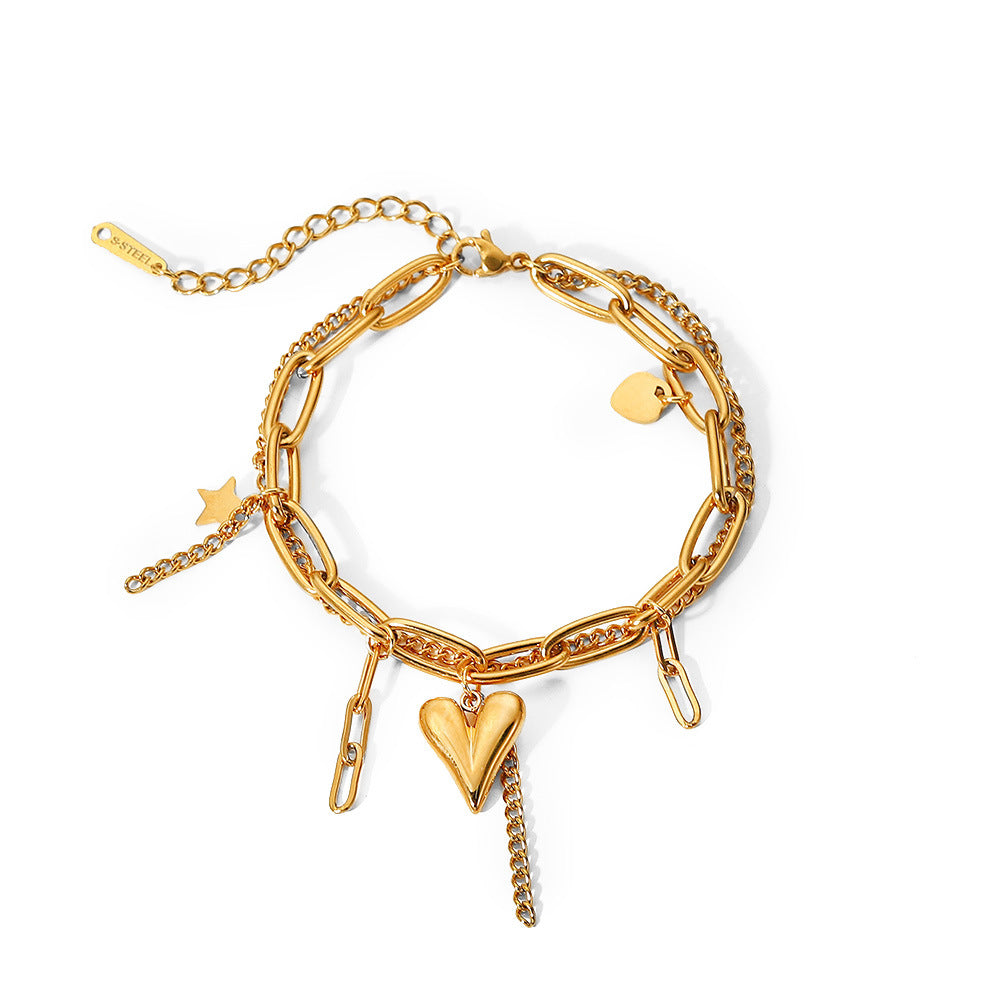 Fashionable Ins Style 18K Gold Plated Stainless Steel Double Layer Bracelet with Heart and Star Pendants