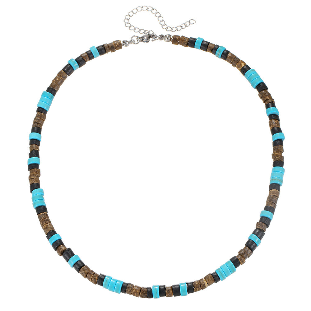 Bohemian Vintage Ethnic Punk Hip-hop Geometric Wood Coconut Shell Beaded Necklace with Turquoise Pendant