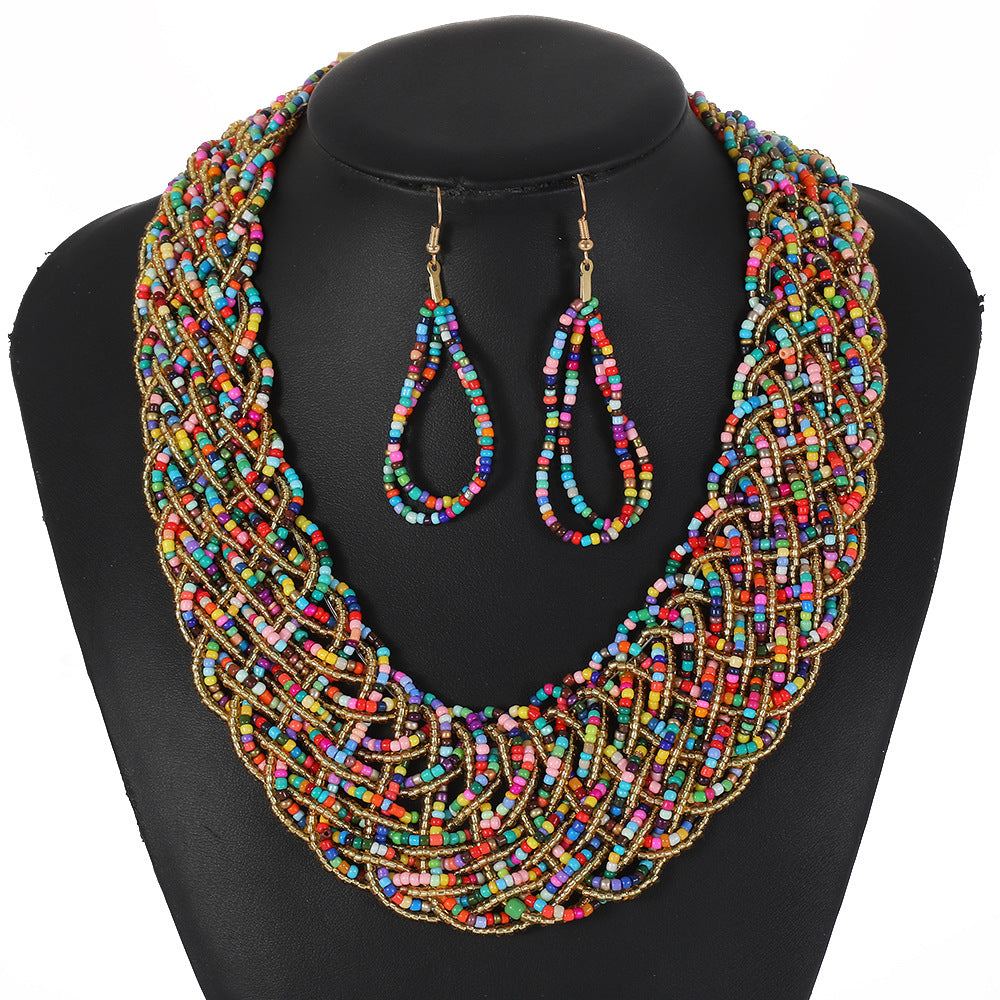 Bohemian Style Braided Rope Resin Necklace Set with Mesh Pattern and Hand-Strung Beads for Women