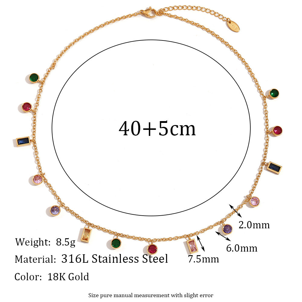 Minimalist Geometric Pendant Necklace in Stainless Steel with 18K Gold Plating Featuring Round and Rectangular Zircon Accents for Women
