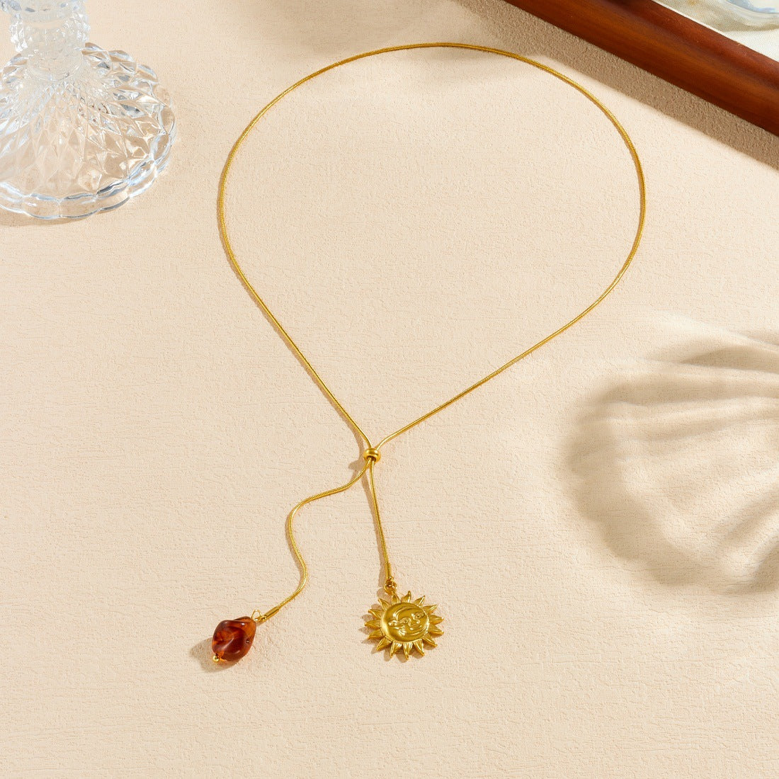 Vintage Geometric Sun Stainless Steel Plated Pendant Necklace for Women with Snake Chain
