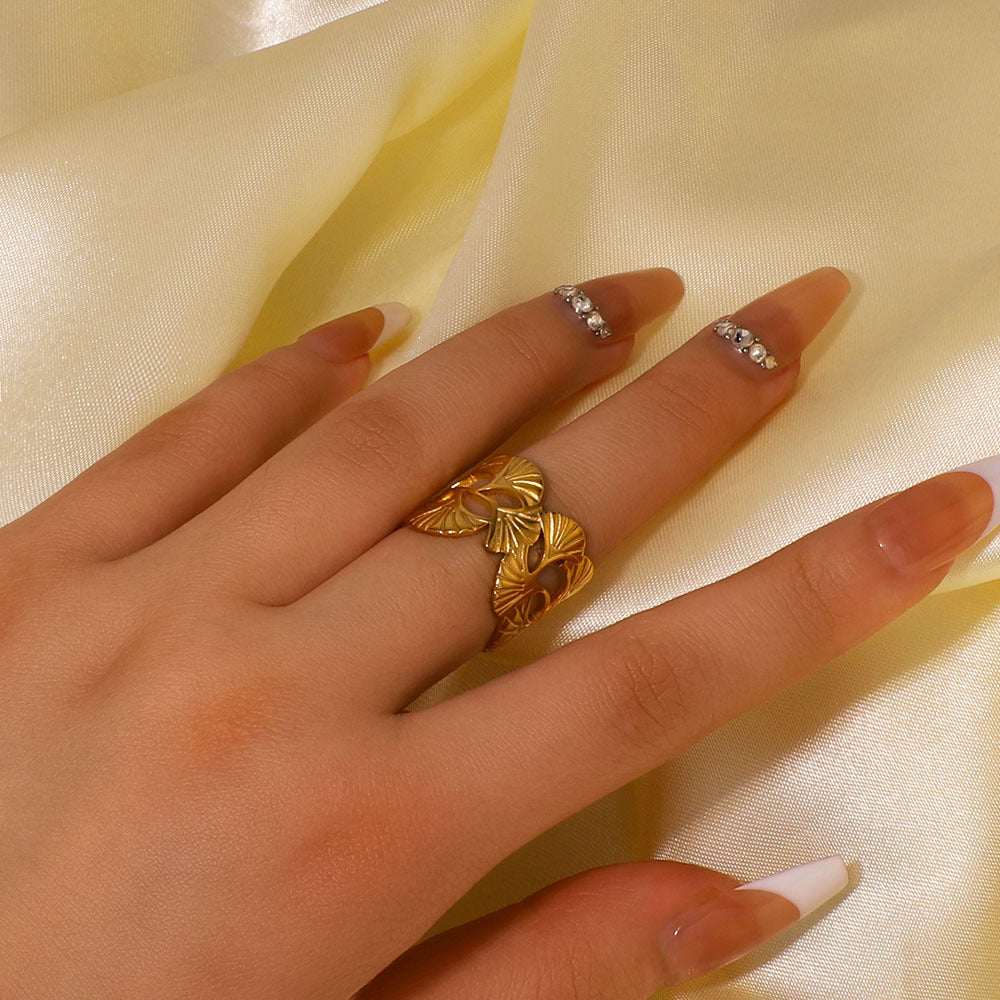 Minimalist Ginkgo Leaf Ring in Stainless Steel with 18K Gold Plating, Hollow-Out Geometric Design for Unisex Everyday Wear