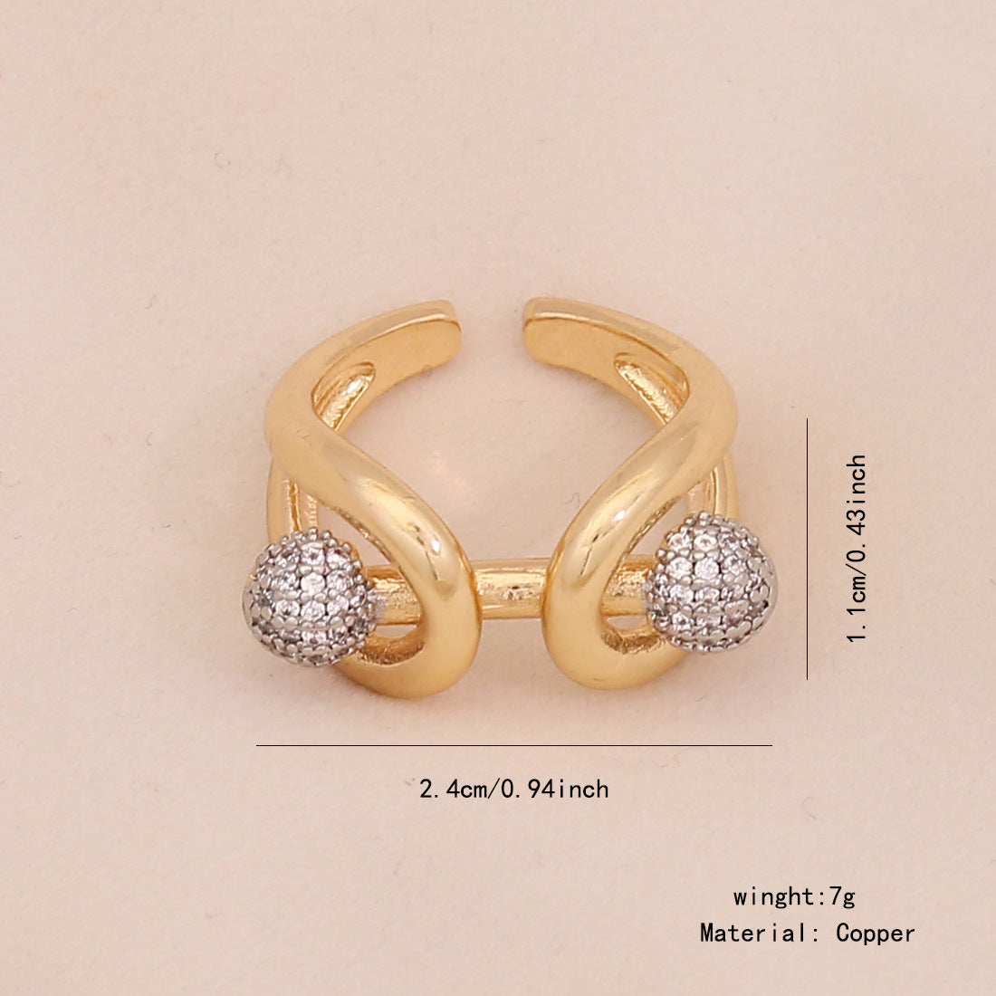 Geometric Heart-Shaped Copper Ring with Zircon Inlay for Women