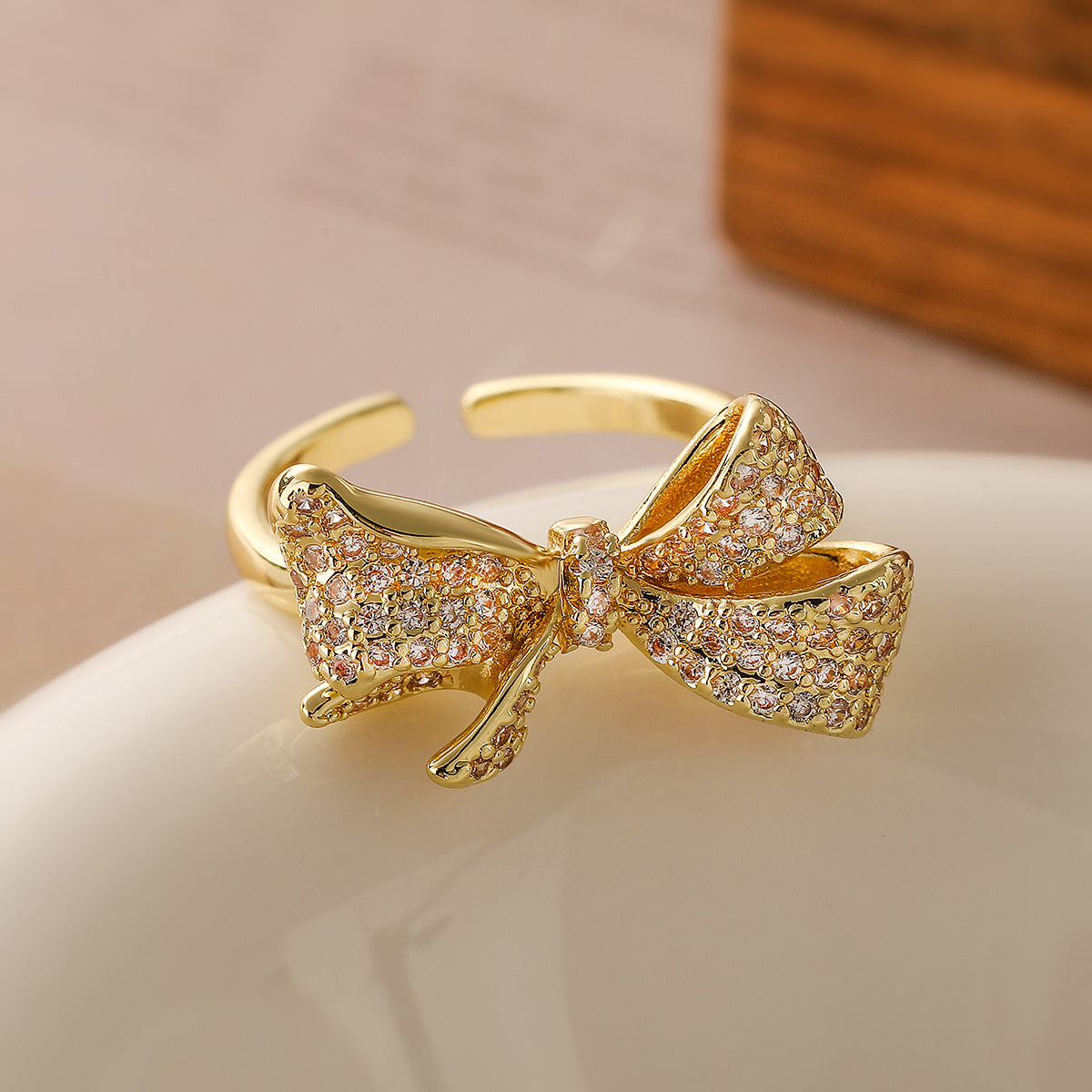 Sweet 18K Gold Plated Brass Geometric Bow Knot Ring with Cubic Zirconia for Women