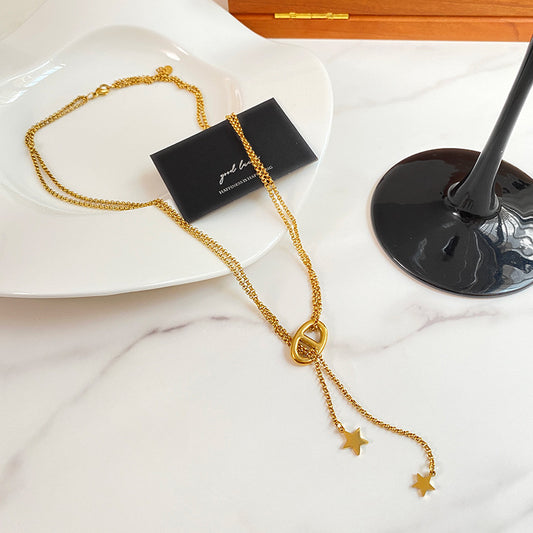 Vintage Streetwear Star Geometric Titanium Steel Plated Necklace with Tassel for Unisex