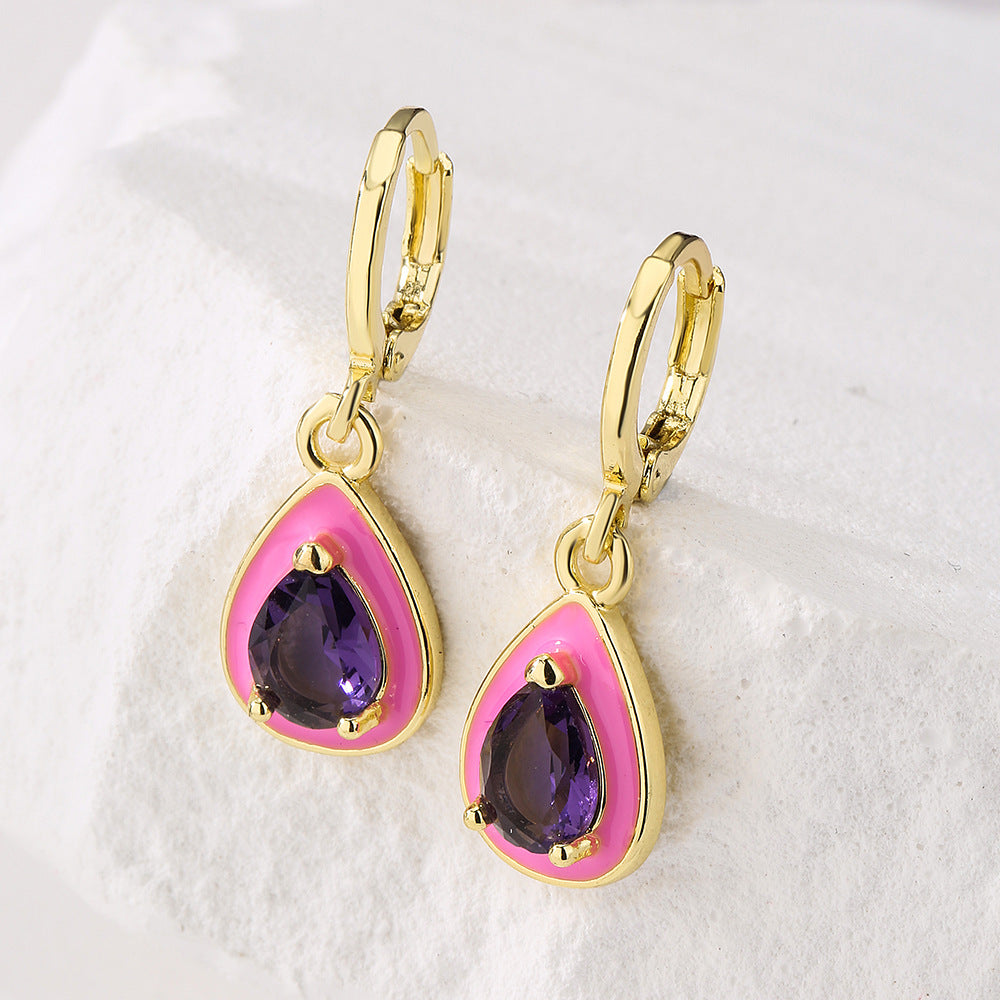 Bohemian Geometric Drip Enamel Zircon Drop Earrings for Women in Copper with Real Gold Plating