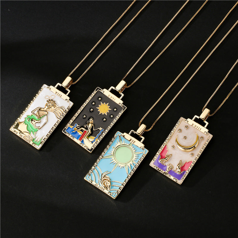Vintage 18K Gold Plated Geometric Drip Oil Brass Pendant Necklace with Box Chain