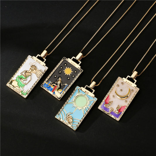 Vintage 18K Gold Plated Geometric Drip Oil Brass Pendant Necklace with Box Chain