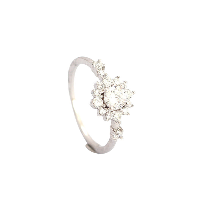 Luxury Elegant Round Geometric Floral Inlaid Cubic Zirconia 925 Sterling Silver Ring for Women Wedding Engagement