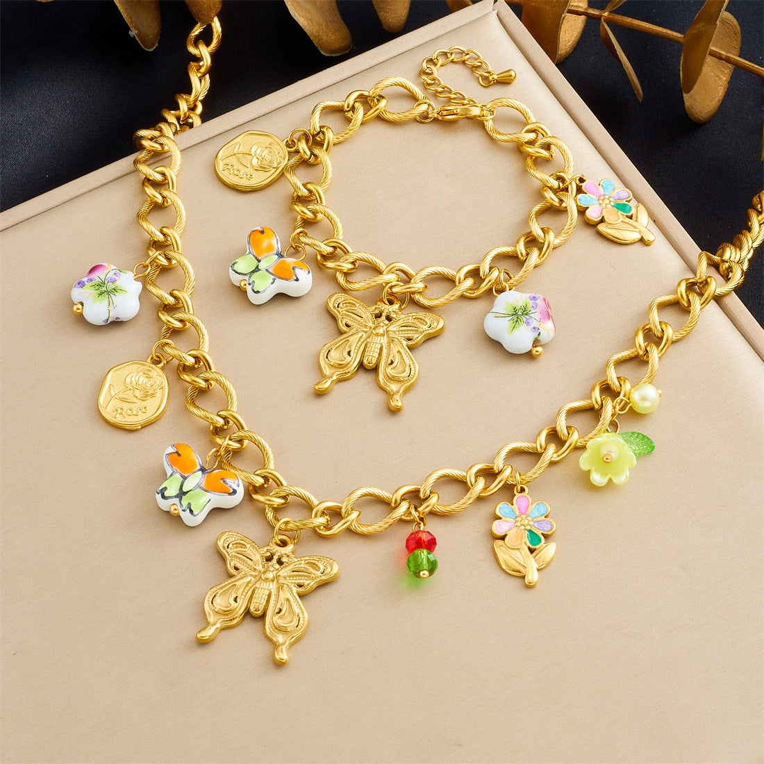 Sweet Elegant Gold Plated Ceramic Floral Butterfly Drip Oil Pendant Necklace and Bracelet Set for Women with Cable Chain