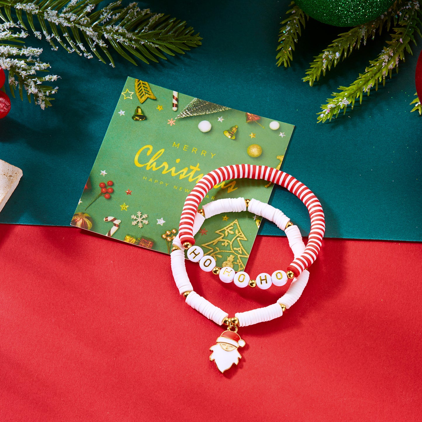 Juego de pulseras de abalorios con diseño navideño y dije de Papá Noel, pulseras de abalorios de aleación con acabado galvanizado para regalar en fiestas