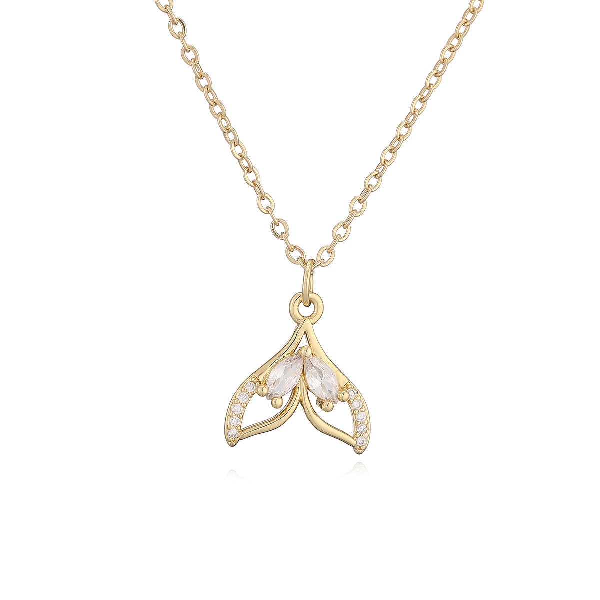 Minimalist 18K Gold Plated Brass Geometric Fish Tail Pendant Necklace with Cubic Zirconia for Women