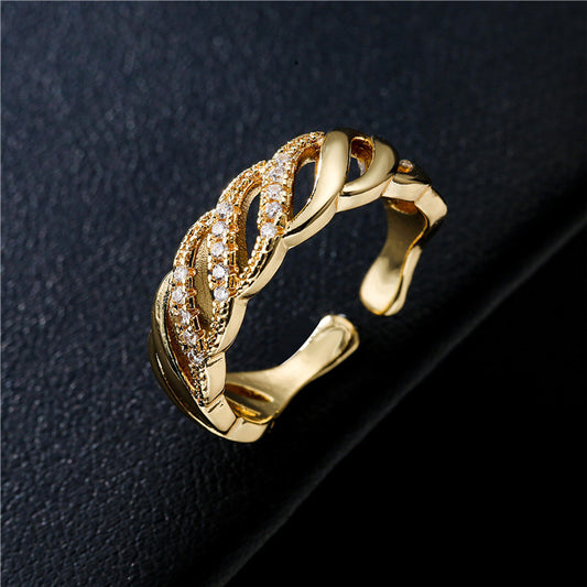 Anillo Abierto Personalizado de Moda Bañado en Oro de 18K con Diseño Geométrico y Micro Pavé de Zirconia, de Cobre, para Mujer