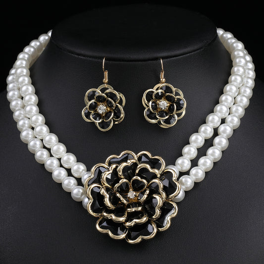 Juego de collar y pendientes de perlas florales, frescos y delicados, para mujer con incrustaciones acrílicas y cadena de perlas