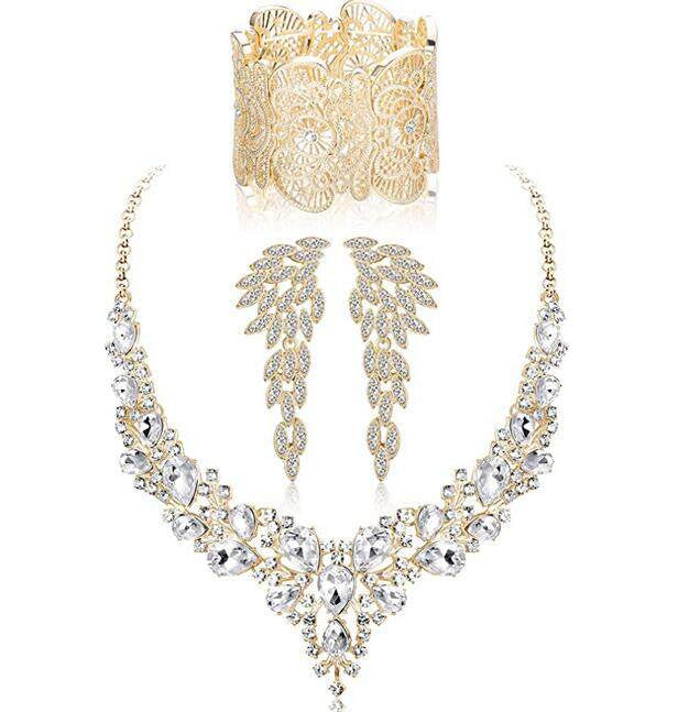 Minimalist Heart Drop Bell Pendant Necklace Set with Rhinestone Accents in Alloy, Includes Matching Earrings and Bracelet