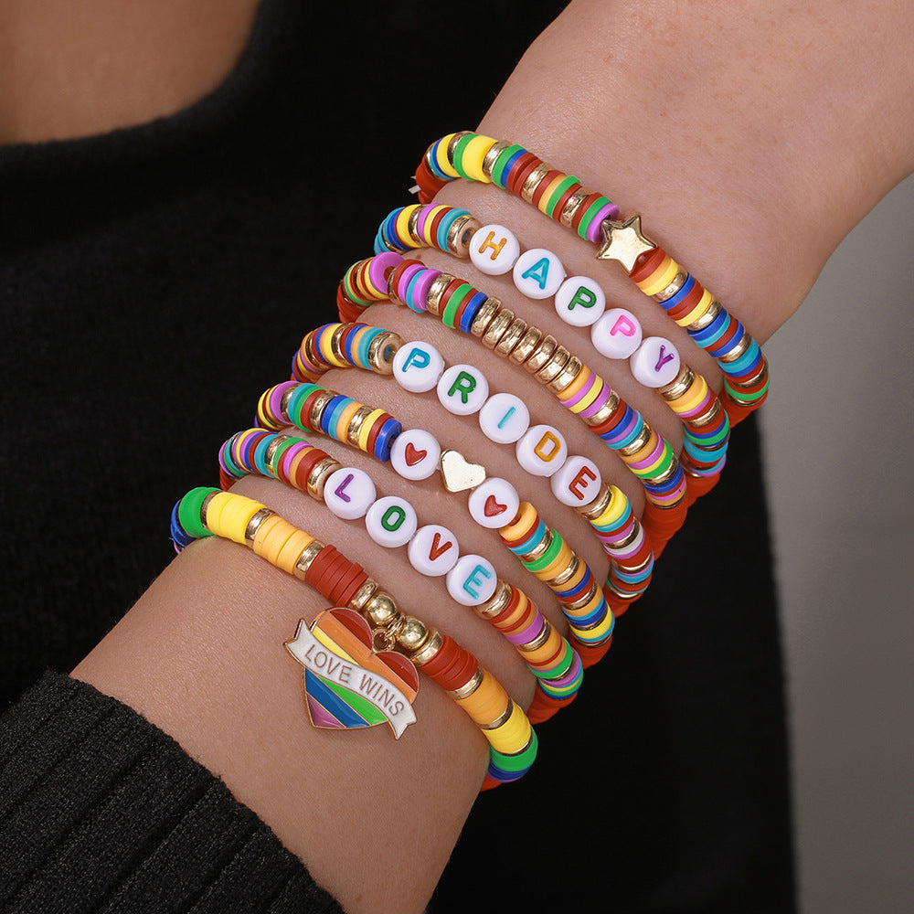 Streetwear Rainbow Gradient Heart Geometric Resin Acrylic Glass Bead Stretch Bracelet Set