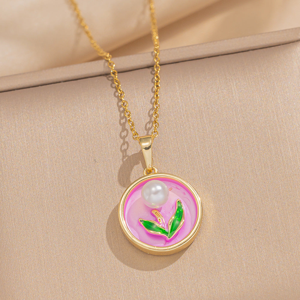 Elegante Collar Francés Vintage con Colgante Floral de Esmalte, Cadena de Acero Inoxidable y Motivo de Rosa Tulipán