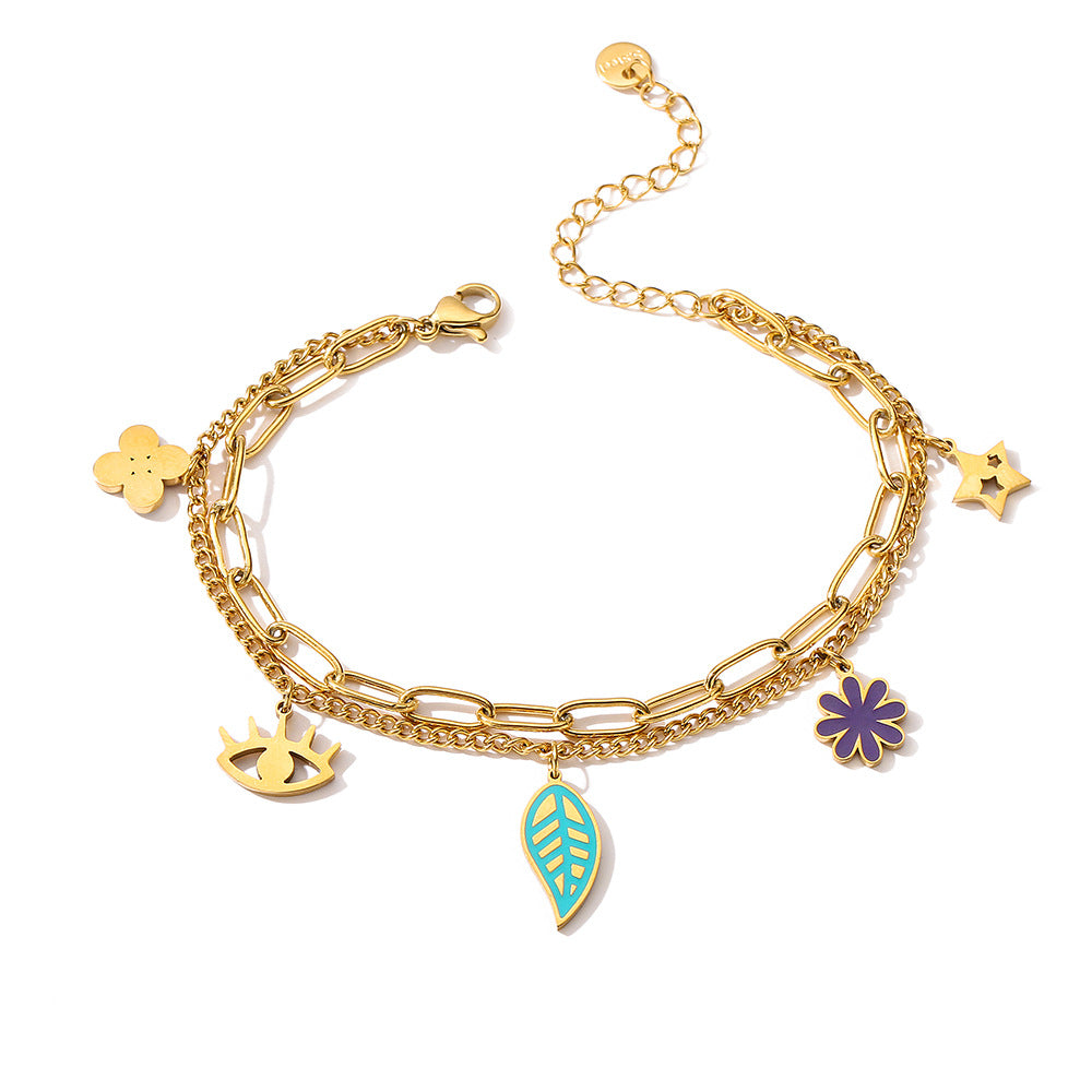Fashionable Geometric Titanium Steel Double-Layer Bracelet for Women with Gold Plating and Irregular Elephant Eye Floral Leaf Design