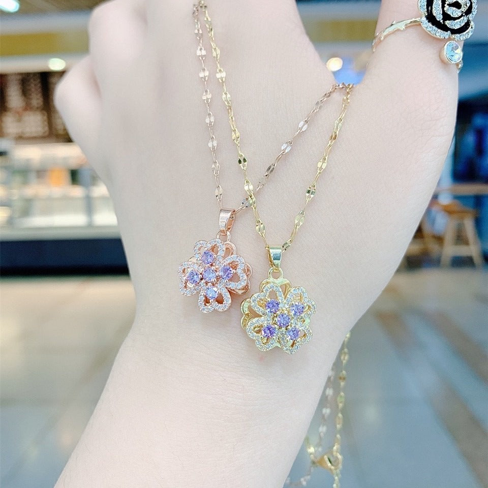 Collana da Donna con Ciondolo Trifoglio Fortunato Girevole in Acciaio Inossidabile Placcato, Girocollo Corto con Maglia a O