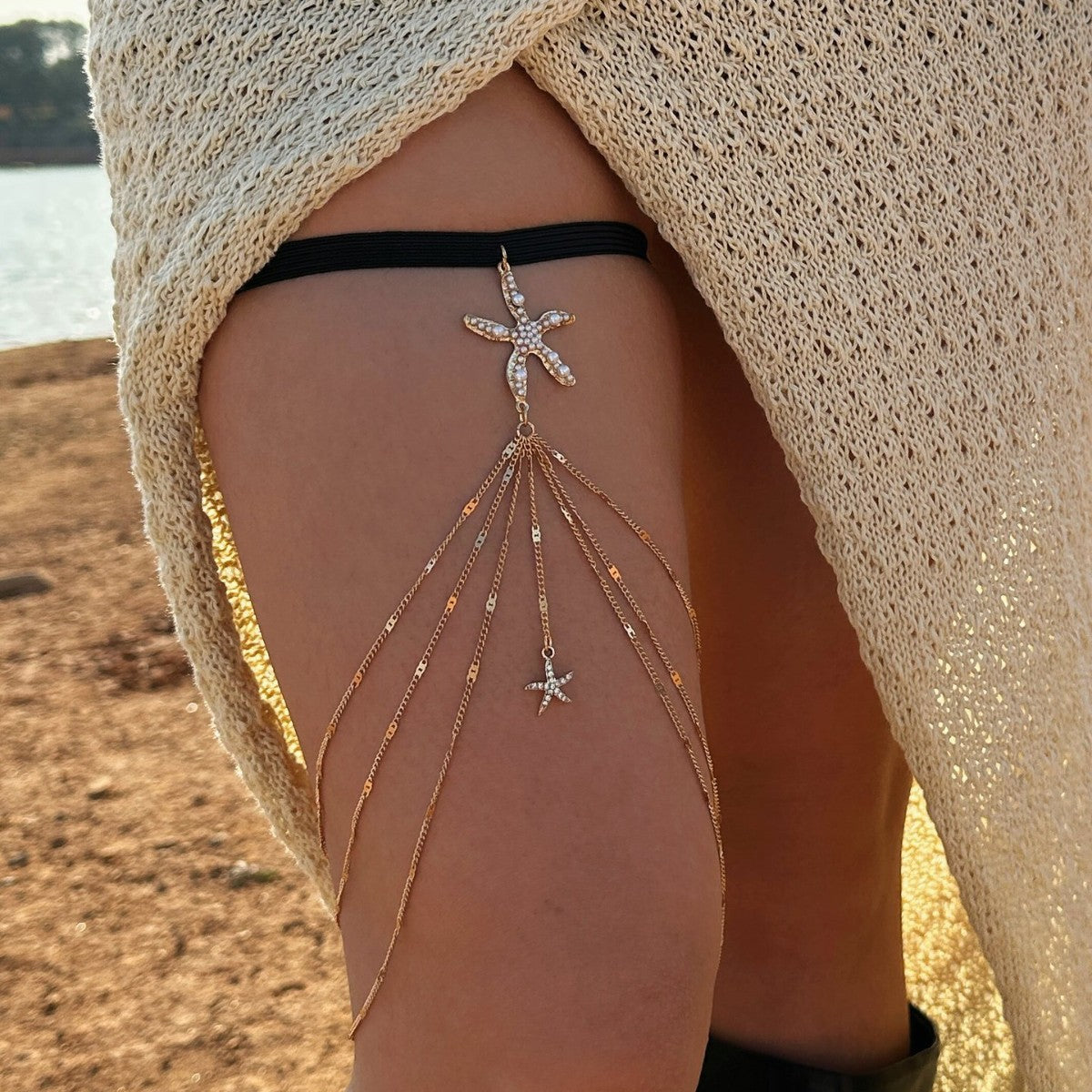 Casual Marine Starfish Alloy Plated Leg Chain with Tassel and Elastic Band