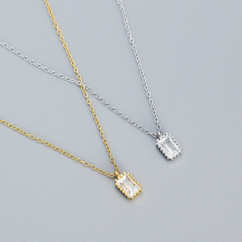 Minimalist Vintage 925 Sterling Silver Rectangle Geometric Cubic Zirconia Necklace