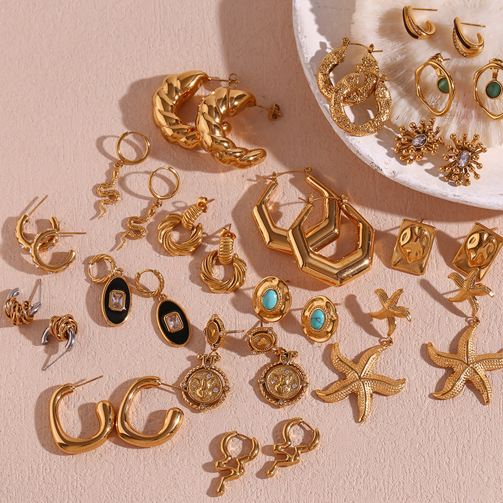 Orecchini a clip vuoti geometrici vintage in acciaio inossidabile placcati oro 18 carati da donna
