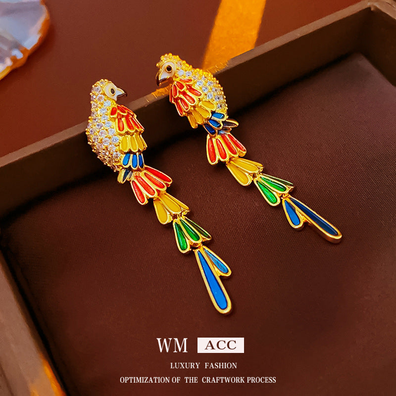 Vintage-Style Parrot-Shaped Earrings in Gold-Plated Copper with 925 Sterling Silver Posts for Women