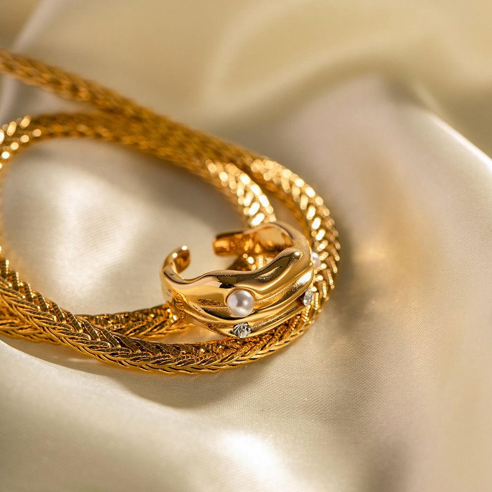 Anillo Abierto con Forma de C Geométrica de Moda con Incrustaciones de Perlas, Joyería de Acero Inoxidable con Baño de Oro de 18K para Mujer
