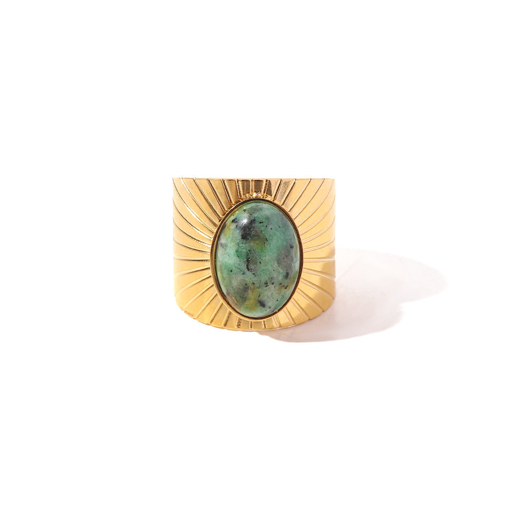 Vintage Oval Turquoise-Inlaid Stainless Steel Wide Band Open Ring for Women Geometric Shape Statement Jewelry