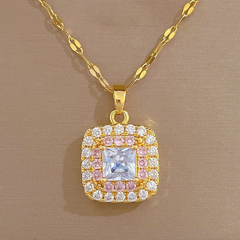 Geometric Moon Pendant Necklace for Women in Titanium Steel with Rhinestone Inlay and Plated Finish